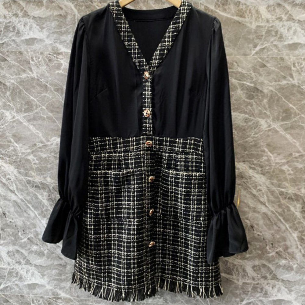 Tweed splicing short skirt girl